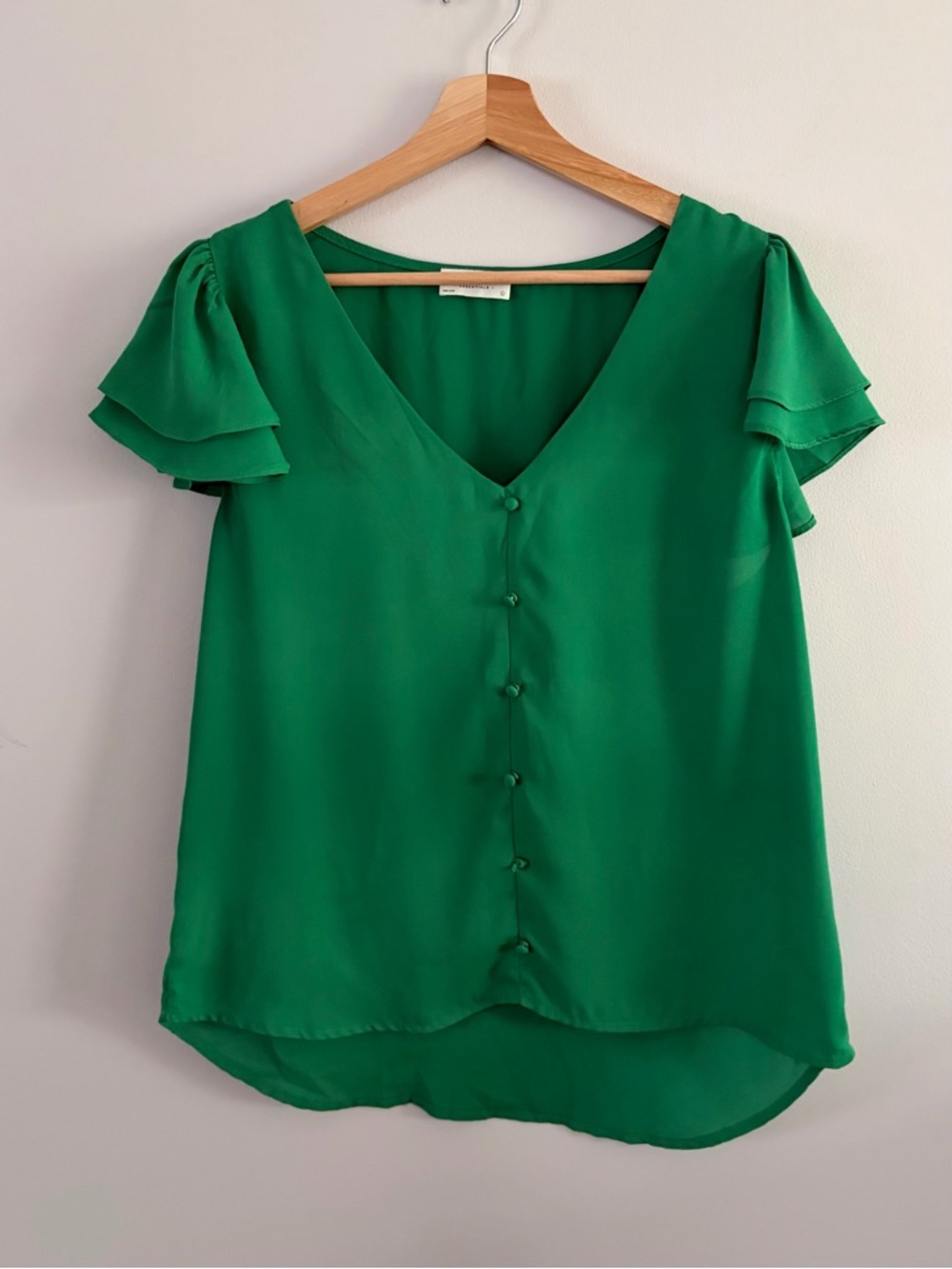 Emerald V-Neck Button-Front Flutter Sleeve Blouse